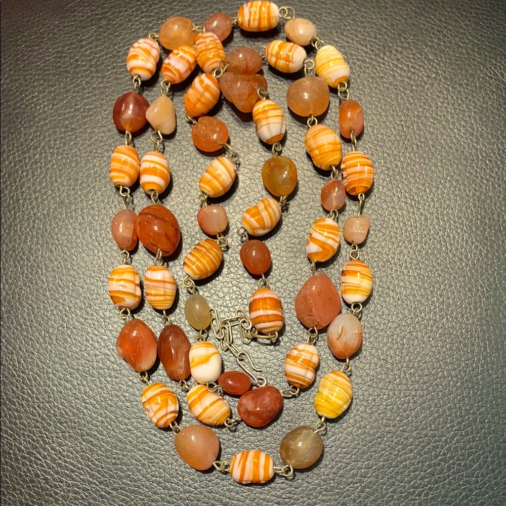 Rare antique orange Czech art glass and natural agate Beaded Necklace #317